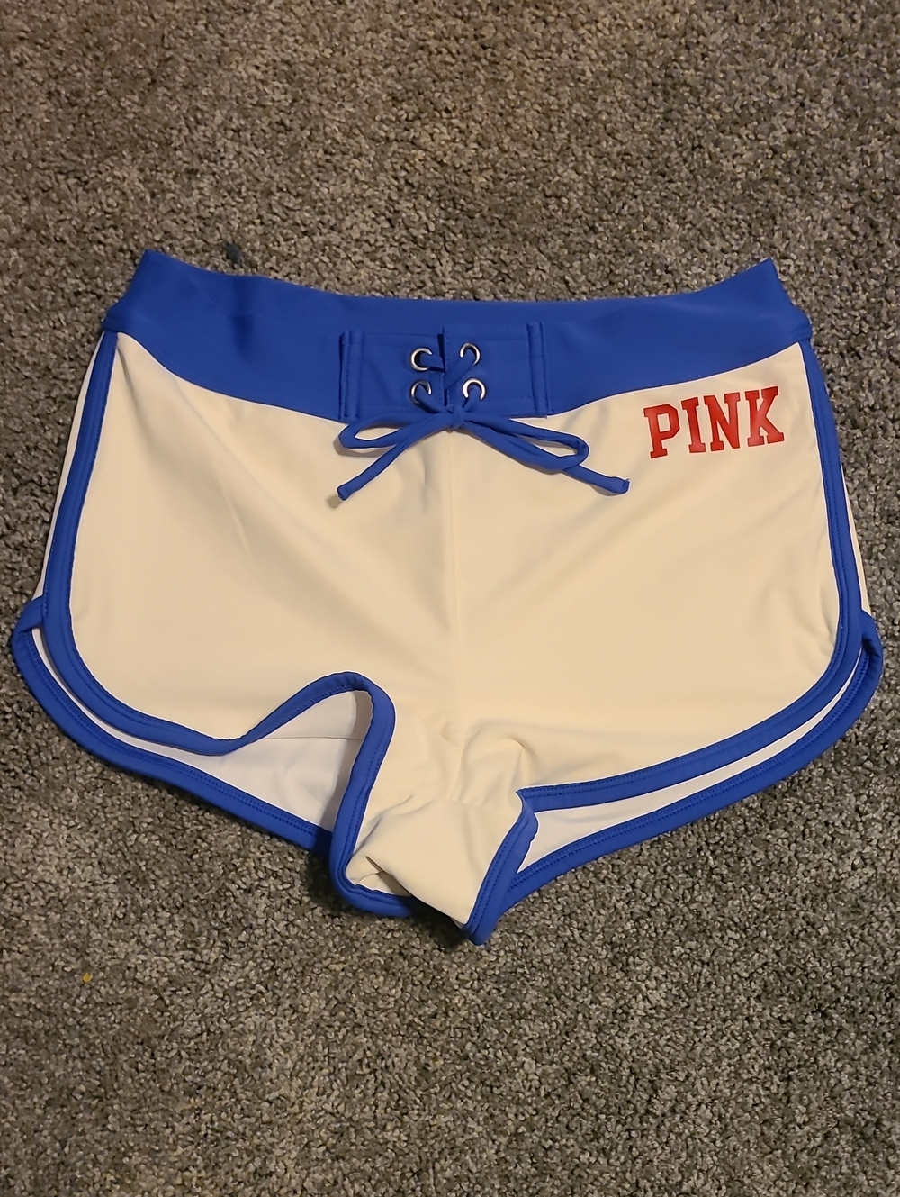 PINK Victoria's Secret Women's White and Blue Lace-Up Swim Shorts
